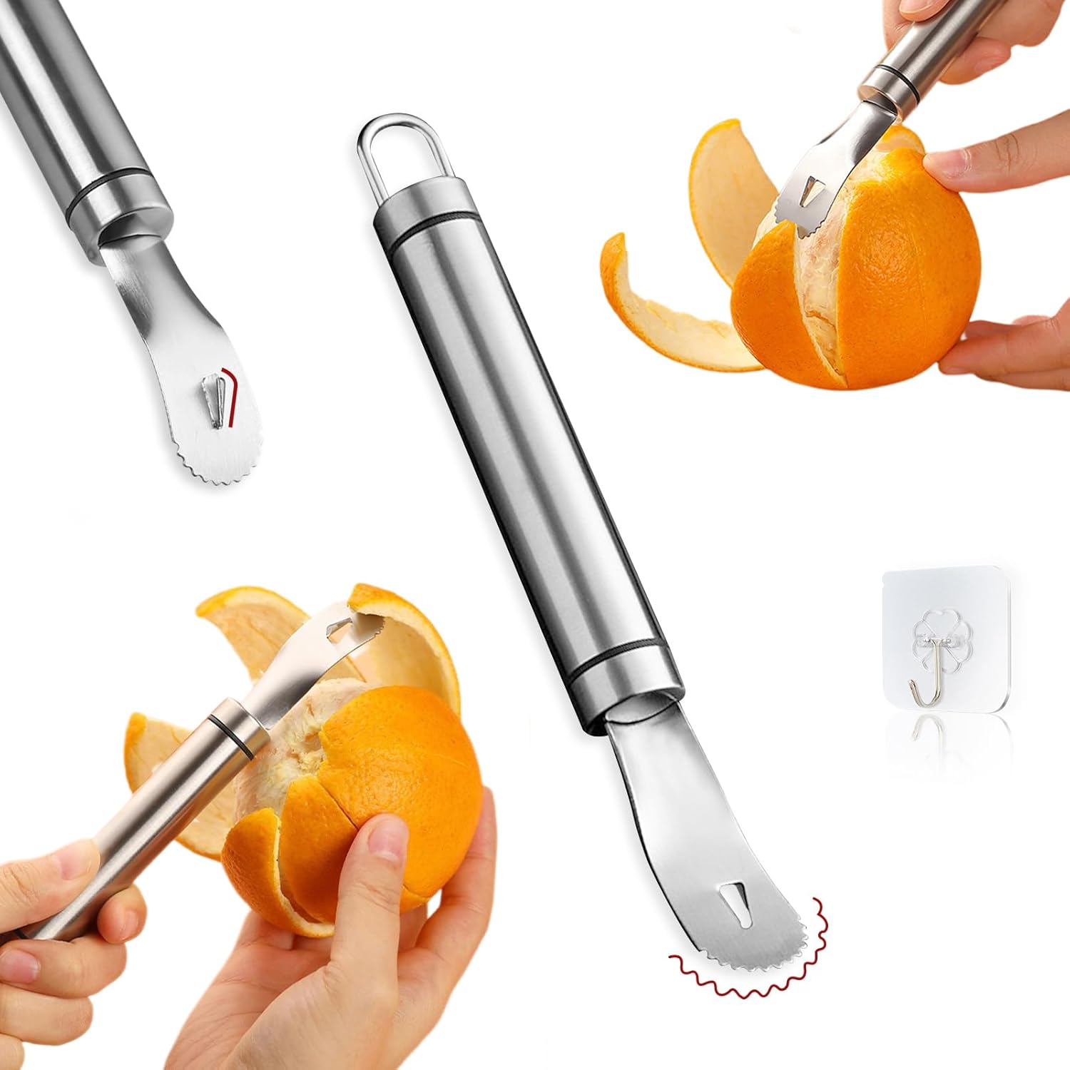 Stainless Steel Orange Peeler，with Handle Orange Citrus Peeler Tool Easy Orange Peeler Triangle Shovel and Serrated Shovel Orange Peeler Kitchen Gadgets,with 1Pcs Hooks