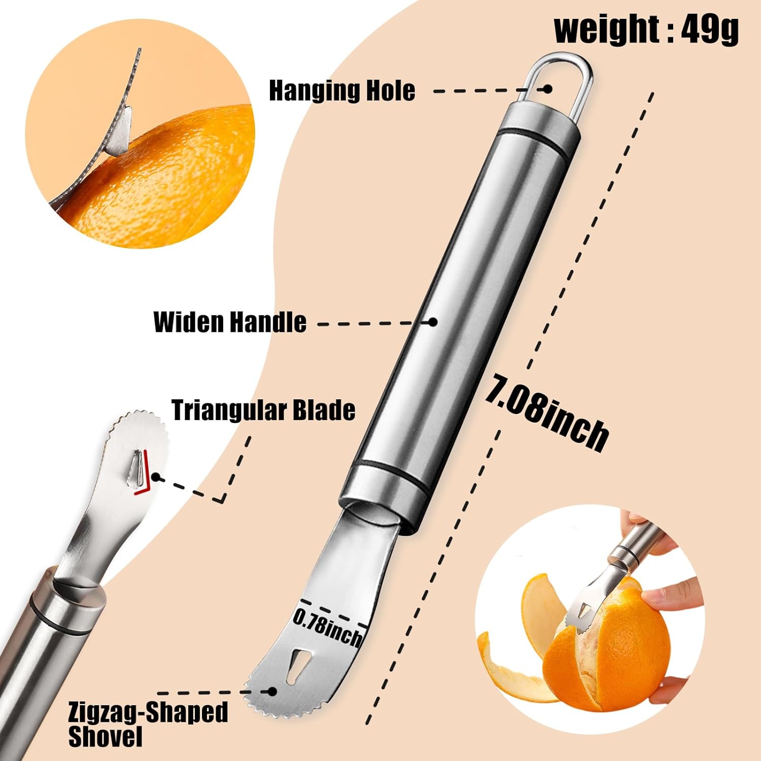 Stainless Steel Orange Peeler，with Handle Orange Citrus Peeler Tool Easy Orange Peeler Triangle Shovel and Serrated Shovel Orange Peeler Kitchen Gadgets,with 1Pcs Hooks