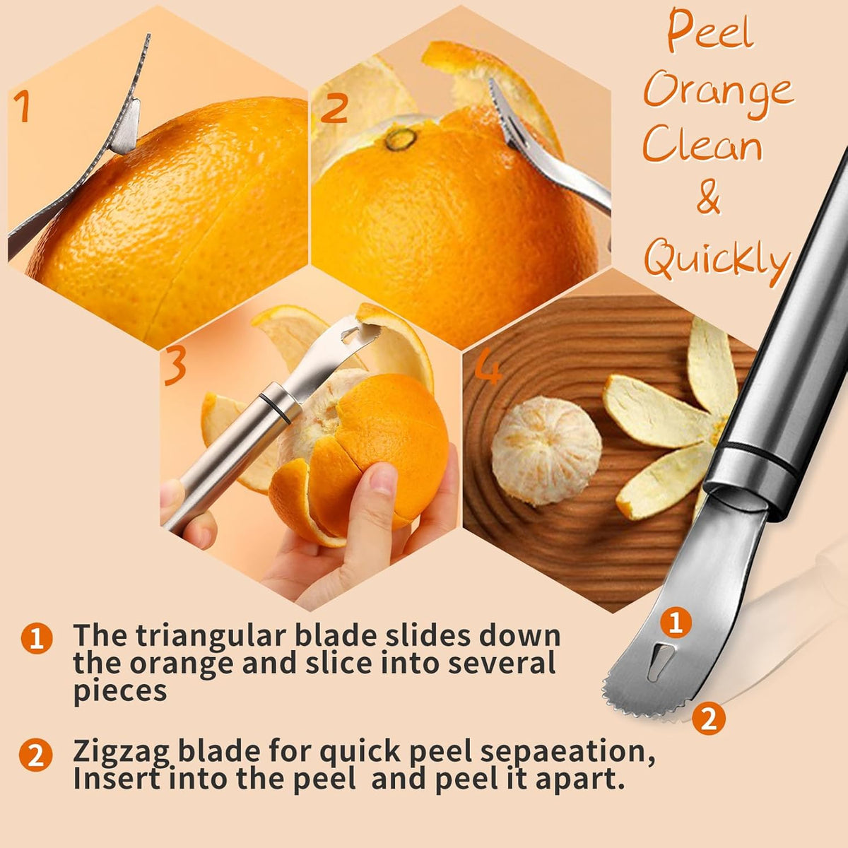 Stainless Steel Orange Peeler，with Handle Orange Citrus Peeler Tool Easy Orange Peeler Triangle Shovel and Serrated Shovel Orange Peeler Kitchen Gadgets,with 1Pcs Hooks