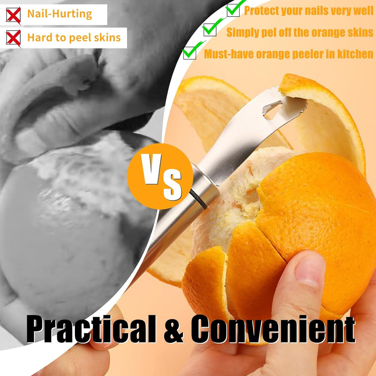 Stainless Steel Orange Peeler，with Handle Orange Citrus Peeler Tool Easy Orange Peeler Triangle Shovel and Serrated Shovel Orange Peeler Kitchen Gadgets,with 1Pcs Hooks
