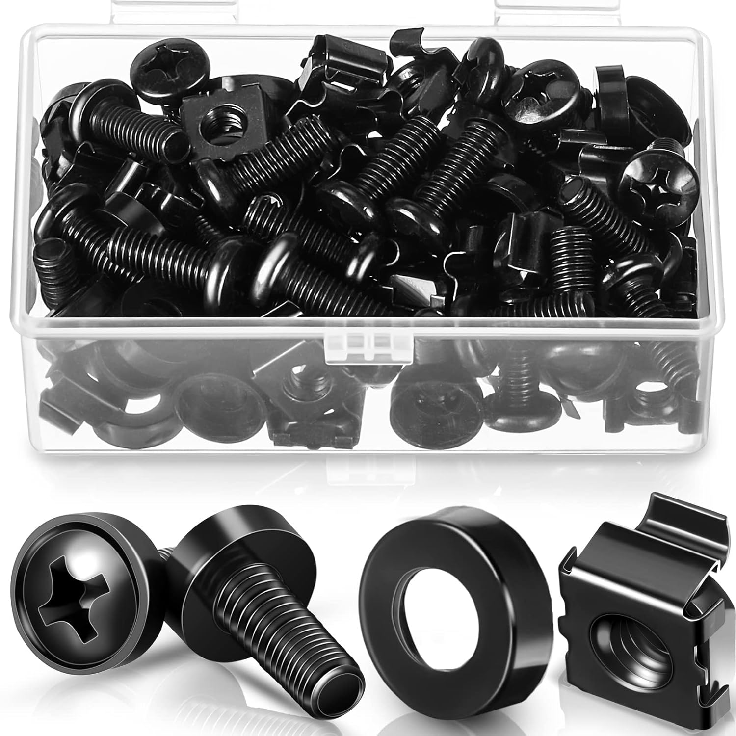 50 Pack M6 x 16 mm Rack Mount Cage Nuts, Screws and Washers Stainless Steel Black Server Rack Screws Square Insert Nuts for Audio Server Console Mounting Routers, Shelves, Enclosures, Cabinets