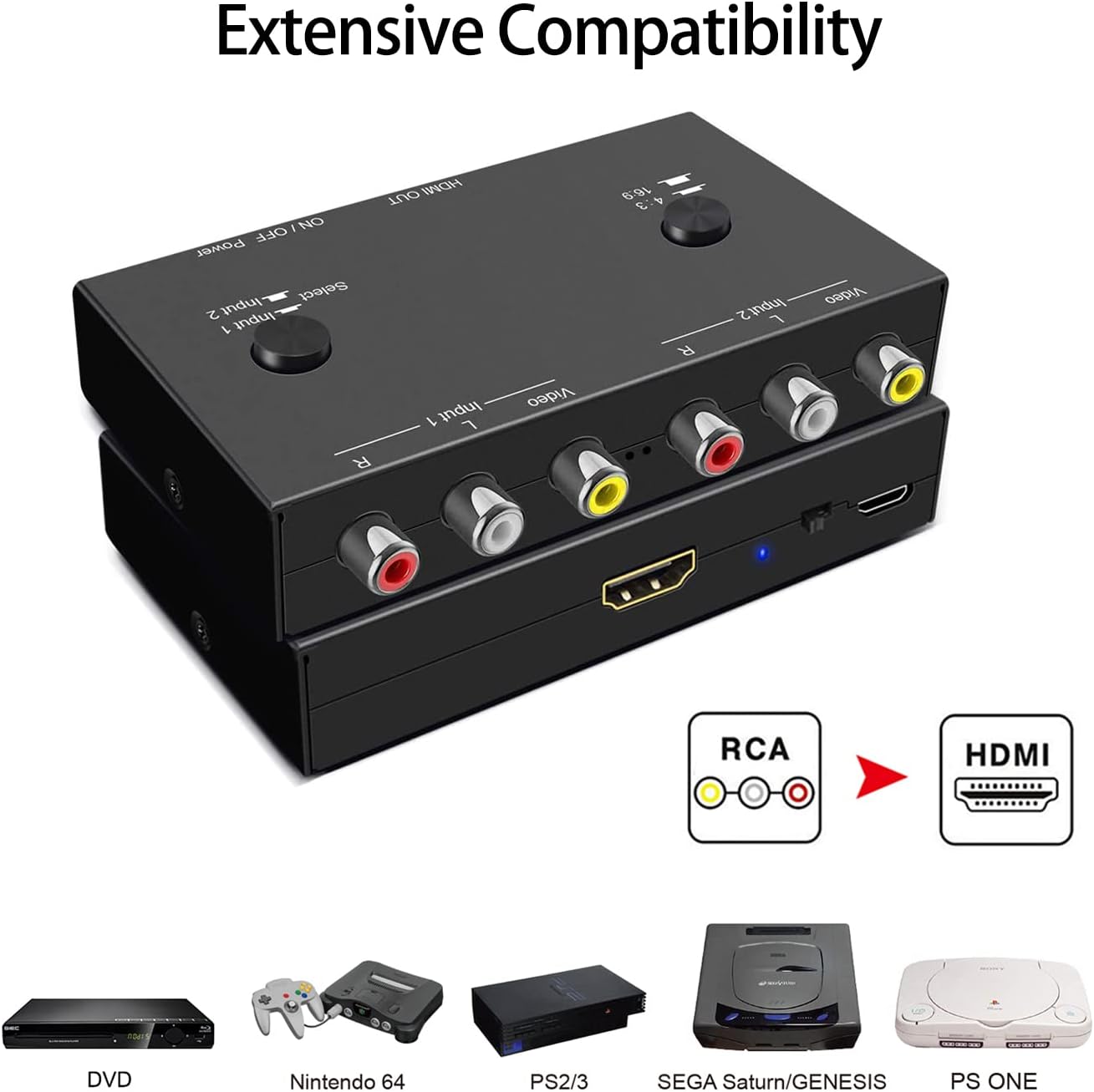 2Port AV to HDMI Converter, Will Convert Input Analog Aignals to a Digital Output Signal, Built-in 16:9/4:3 Adjustment, Perfect for Old Video Game Systems,PS,WII,Xbox,DVD,VHS