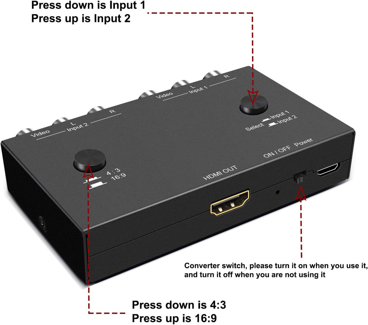 2Port AV to HDMI Converter, Will Convert Input Analog Aignals to a Digital Output Signal, Built-in 16:9/4:3 Adjustment, Perfect for Old Video Game Systems,PS,WII,Xbox,DVD,VHS