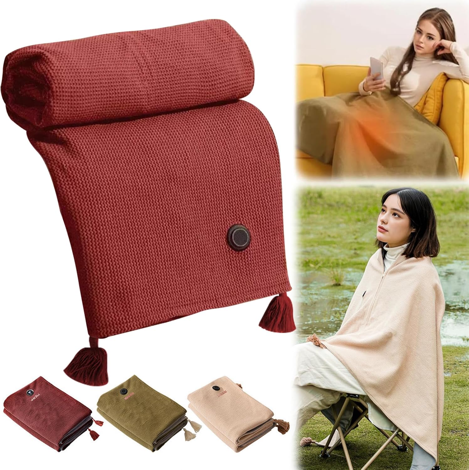 Portable Heated Shawl, 59"x 32" Cordless Electric Heated Blanket with 3 Heating Levels for Car, Home, Camping, USB Heated Shawl Wraps for Women, Winter Present for Mom Girlfriend Grandma (Wine-red)