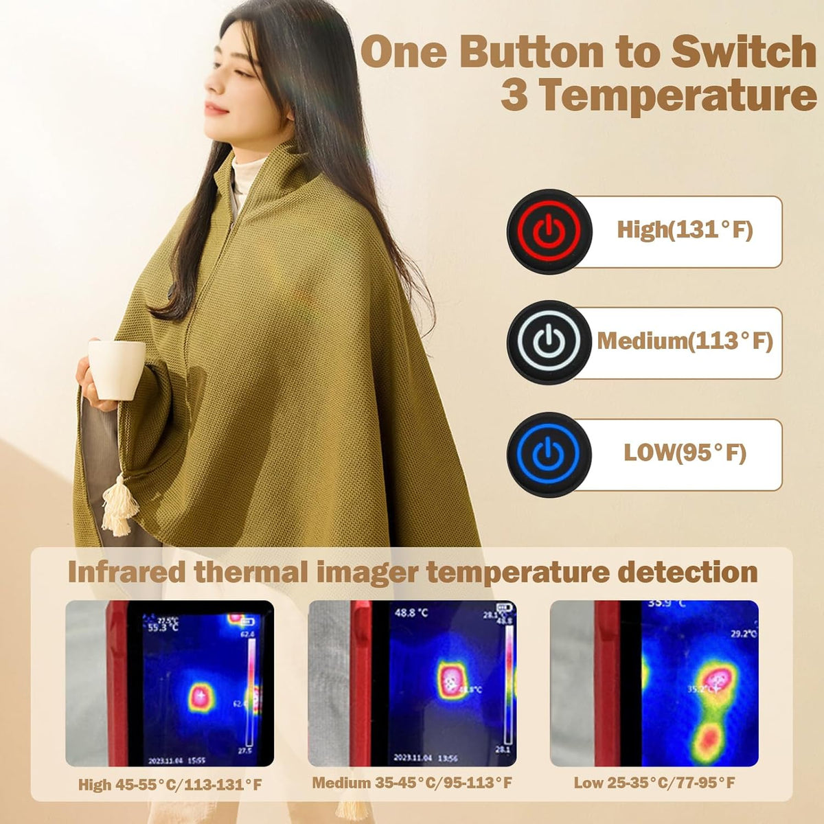 Portable Heated Shawl, 59"x 32" Cordless Electric Heated Blanket with 3 Heating Levels for Car, Home, Camping, USB Heated Shawl Wraps for Women, Winter Present for Mom Girlfriend Grandma (Wine-red)