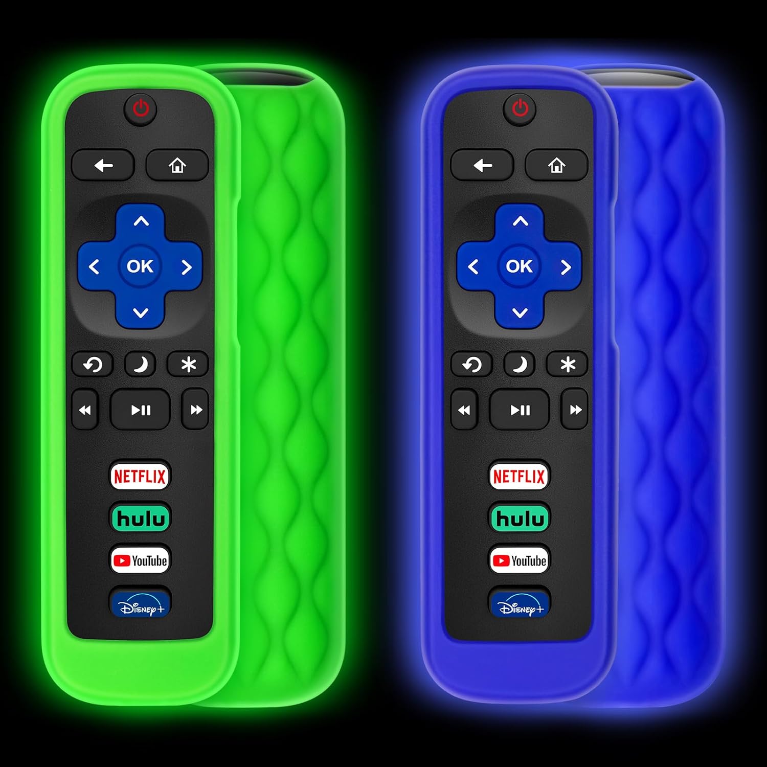 (Pack of 2) Remote Cover Case for Roku TV Remote Control/Silicone Protective Sleeve Skin - Glow in The Dark (Green/Blue)