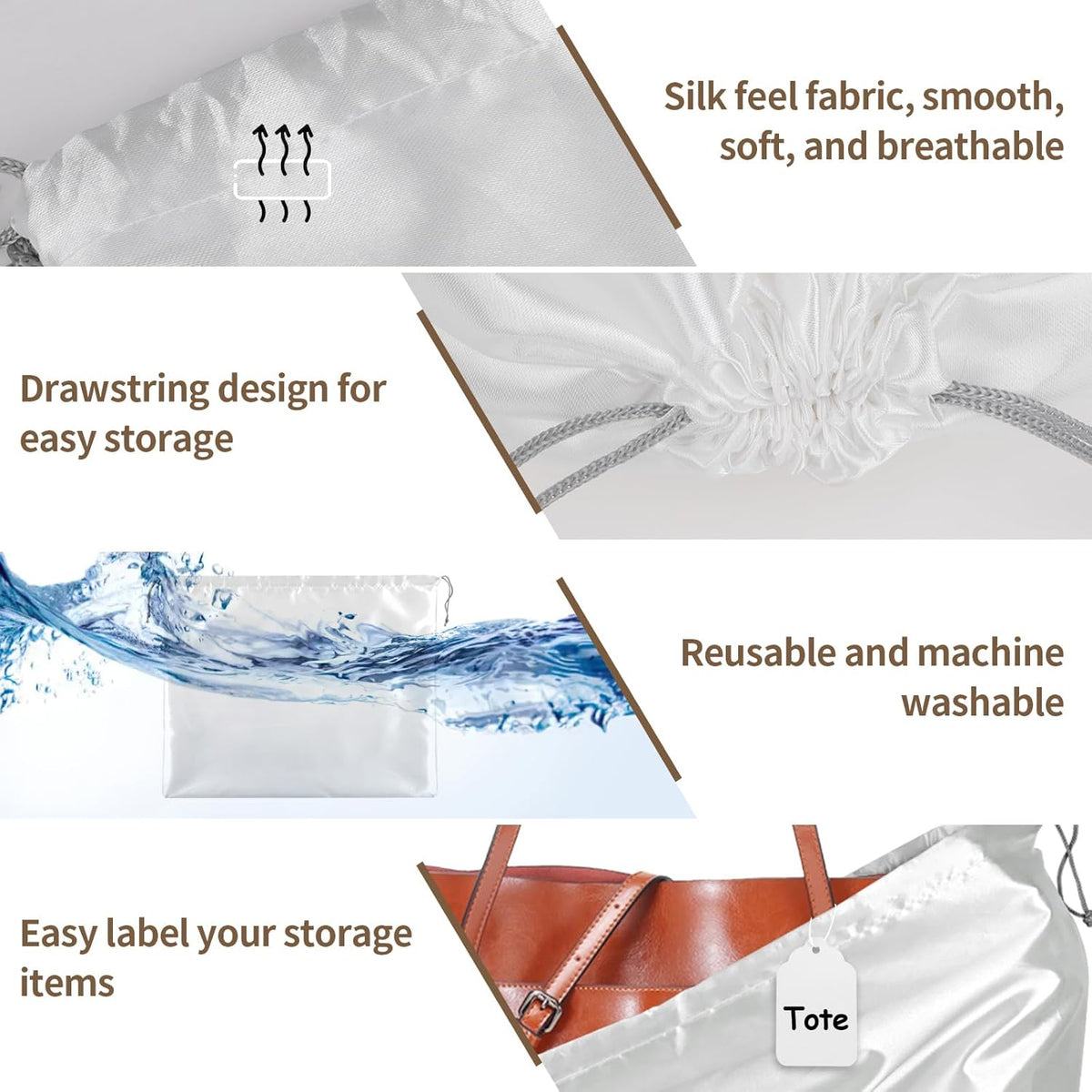 4 Pack Dust Bags for Handbags, Dust Cover Bag for Handbags Purses Cloth Shoes, Silk Large & Middle Daily Travel Storage Pouch Dustproof Drawstring Bag (White, 2 PCS, 24 x 20", 2 PCS, 19.5 x 16")