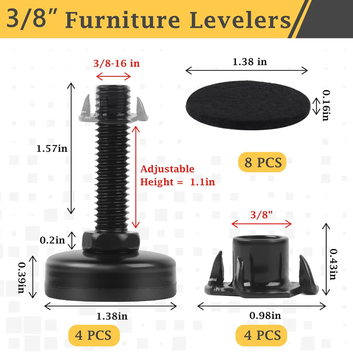 3/8" Thread Furniture Feet Levelers, Adjustable Furniture Feet Screw in with Threaded Inserts, Heavy Duty Leveling Feet Screw On Furniture Leveling for Table, Cabinets, Chair, Sofa, 4 Pack, Black