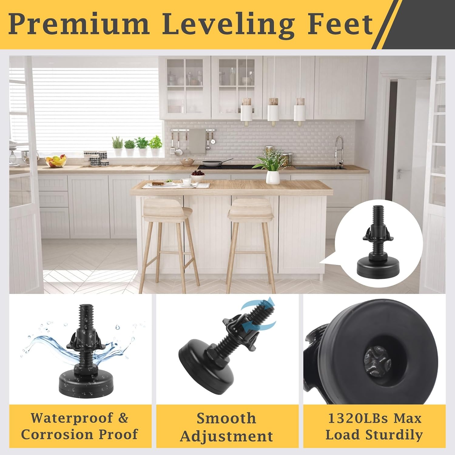 3/8" Thread Furniture Feet Levelers, Adjustable Furniture Feet Screw in with Threaded Inserts, Heavy Duty Leveling Feet Screw On Furniture Leveling for Table, Cabinets, Chair, Sofa, 4 Pack, Black