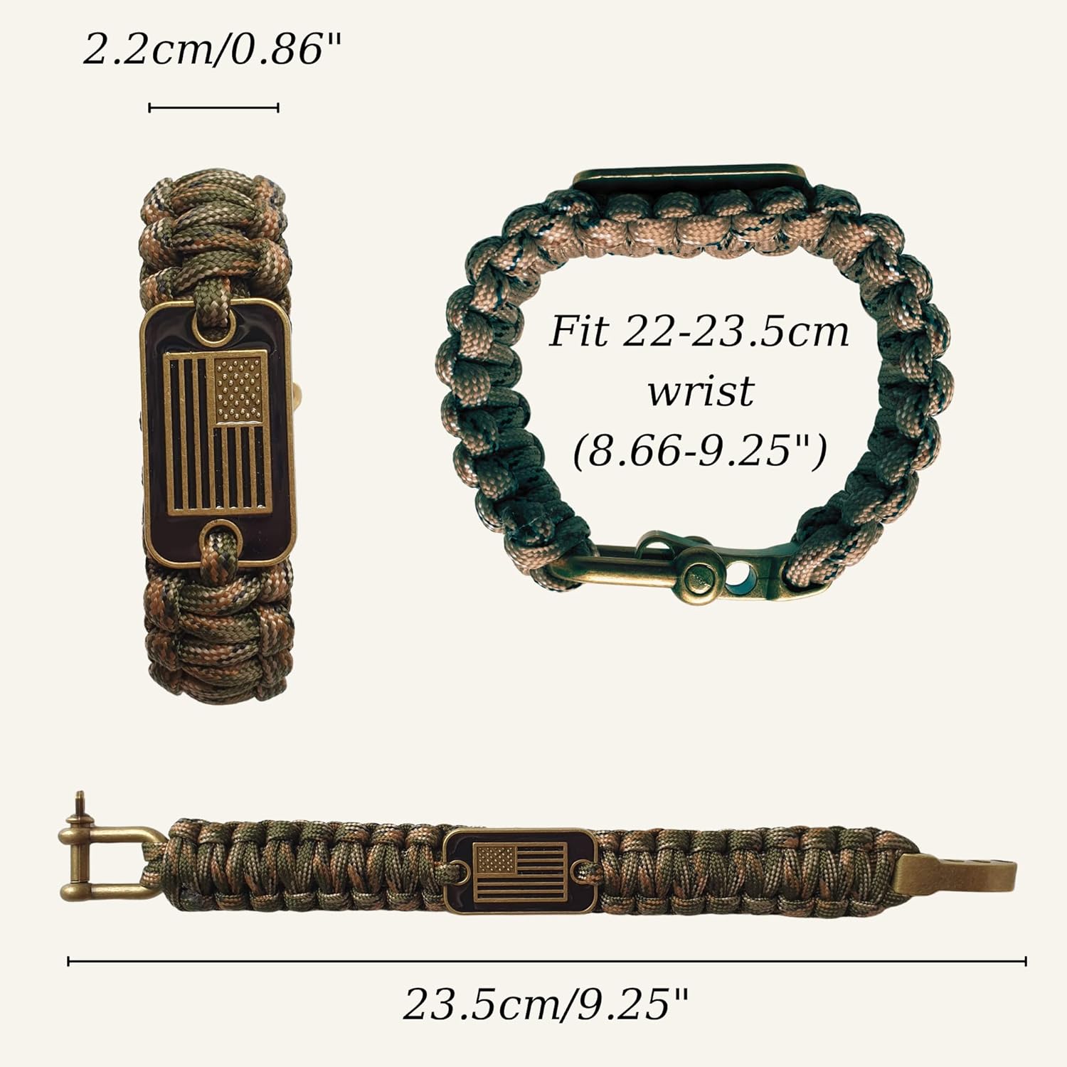 Paracord Bracelet - Tactical Survival Bracelet for Men with Bronze USA Flag - 3 Adjustable Sizes - Green Camo, L