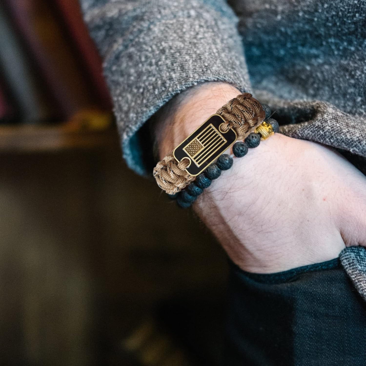 Paracord Bracelet - Tactical Survival Bracelet for Men with Bronze USA Flag - 3 Adjustable Sizes - Green Camo, L