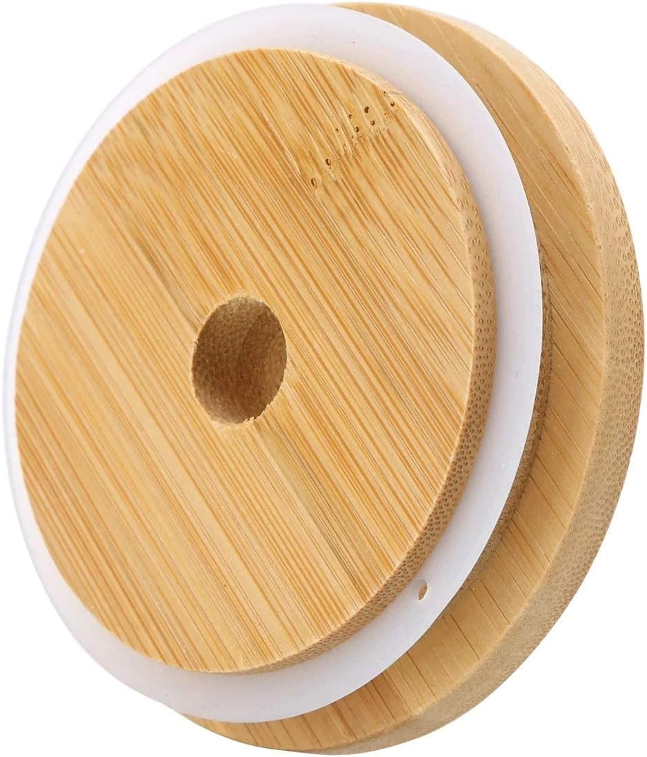 4 Pack 86mm Wide Mouth Bamboo Mason Jar Lids with Straw Hole Reusable Bamboo Caps Leak-Proof Glass Canning Drinking Storage Jars Lid