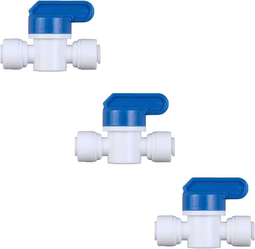 3 Pack Push-to-Connect Plastic Shut Off Valve Fitting (1/4-in OD x 1/4-in OD, Inline Straight Ball Valve), White+Blue