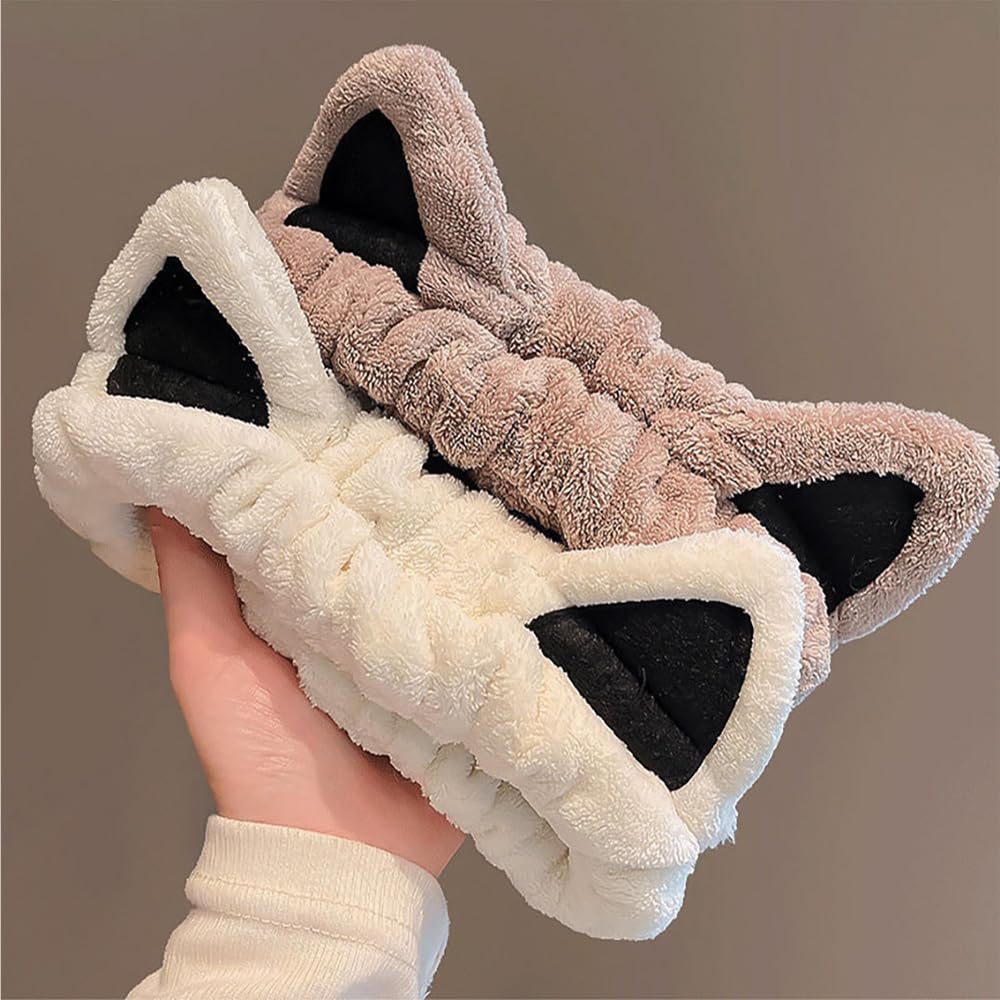 2 Packs Cute Cat Spa Headband for Washing Face Makeup Skincare, Animal Headbands for Women Girls Trendy Stuff Gifts Soft Coral Fleece Facial Wash Hair Accessories (Beige+ Khaki)