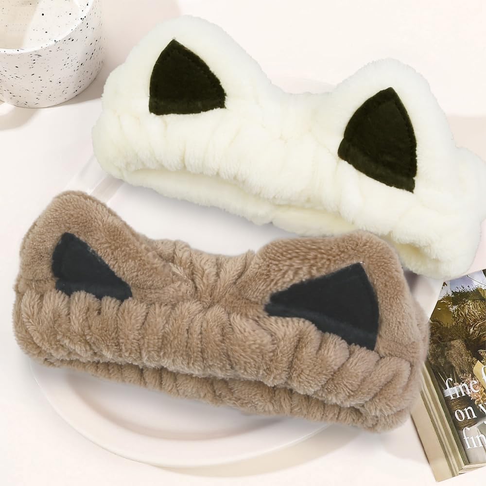 2 Packs Cute Cat Spa Headband for Washing Face Makeup Skincare, Animal Headbands for Women Girls Trendy Stuff Gifts Soft Coral Fleece Facial Wash Hair Accessories (Beige+ Khaki)