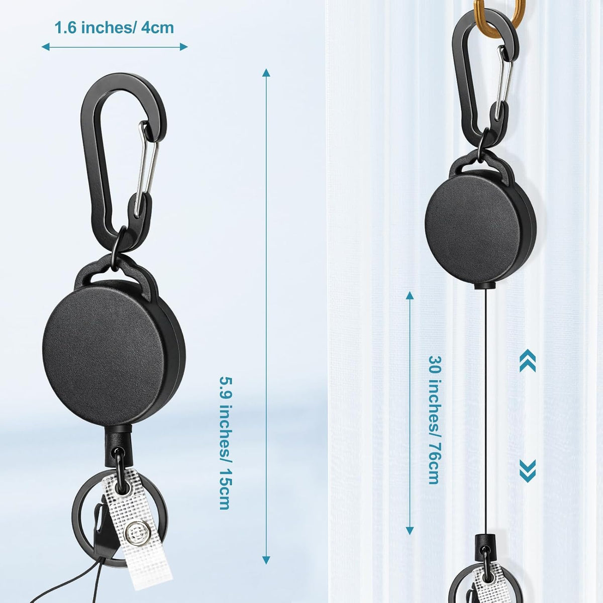 2 Pack Retractable Keychain Heavy Duty Retractable Badge Reel Carabiner with 30” Retractable Cord, Black