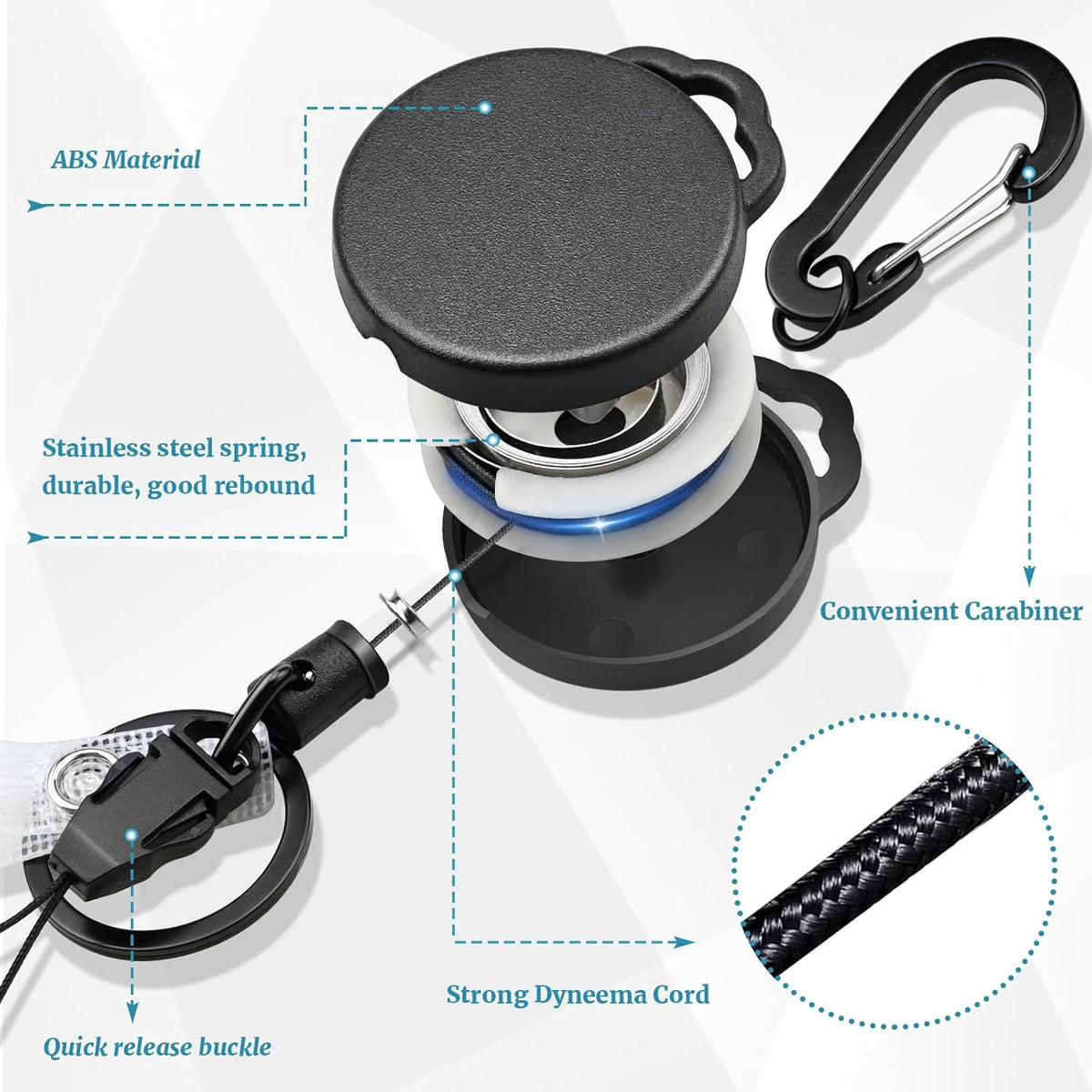 2 Pack Retractable Keychain Heavy Duty Retractable Badge Reel Carabiner with 30” Retractable Cord, Black