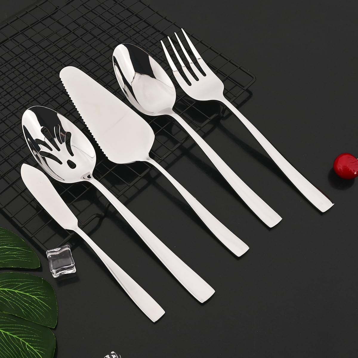 5-Piece Glossy Handle Silverware Hostess Set Stainless Steel Flatware Serving Set for Buffet Party Home Restaurant Mirror Polished Dishwasher Safe