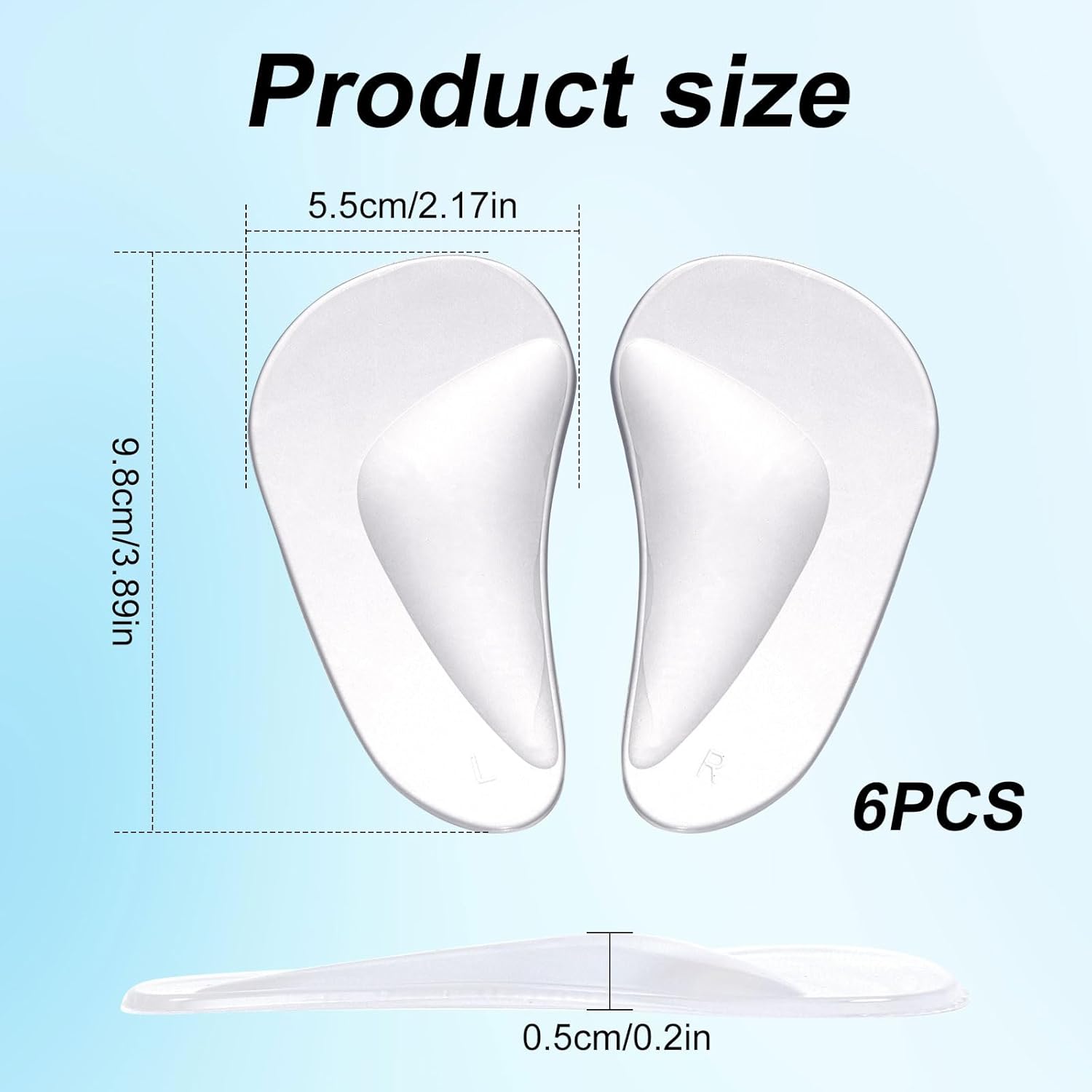 12pcs Arch Support Insoles, Transparent Gel Self-Adhesive Arch Support Shoe Inserts Soft Silicone Foot Arch Cushions Arch Comfort Pads for Women High Heels Sandals Flat Shoes