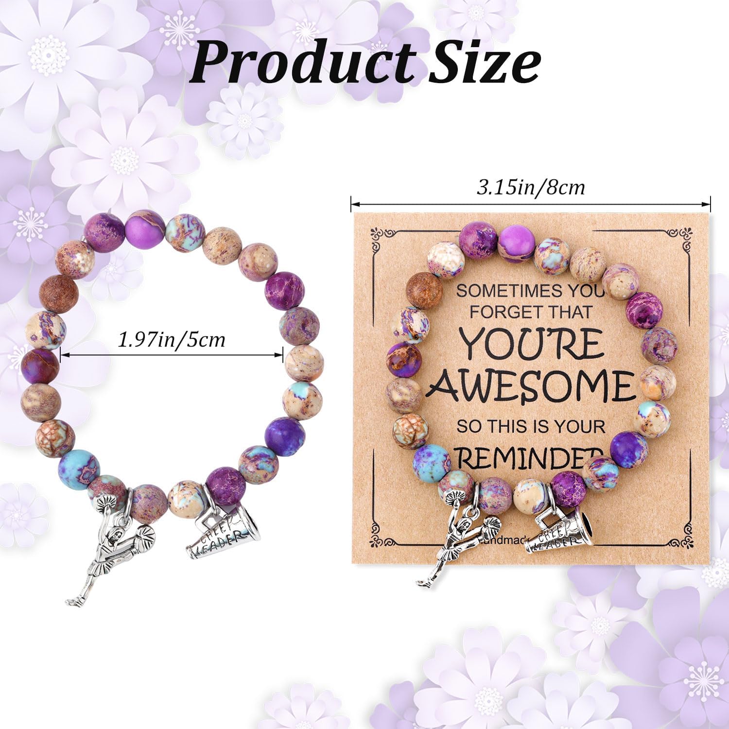 Cheer Bracelet, Imperial Stone Cheerleading Bracelet with Encouragement Card Charming Cheerleader Gifts Elegant Smooth Cheer Stuff with Cheerleader Jewelry Pendant
