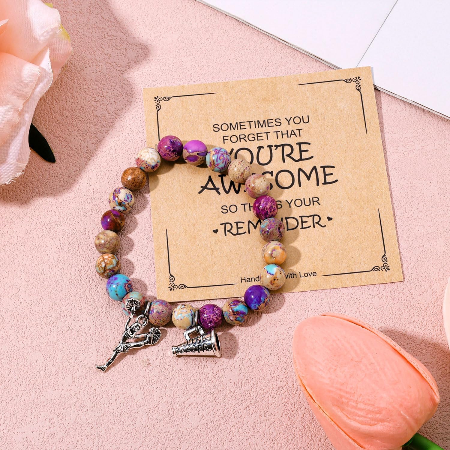 Cheer Bracelet, Imperial Stone Cheerleading Bracelet with Encouragement Card Charming Cheerleader Gifts Elegant Smooth Cheer Stuff with Cheerleader Jewelry Pendant