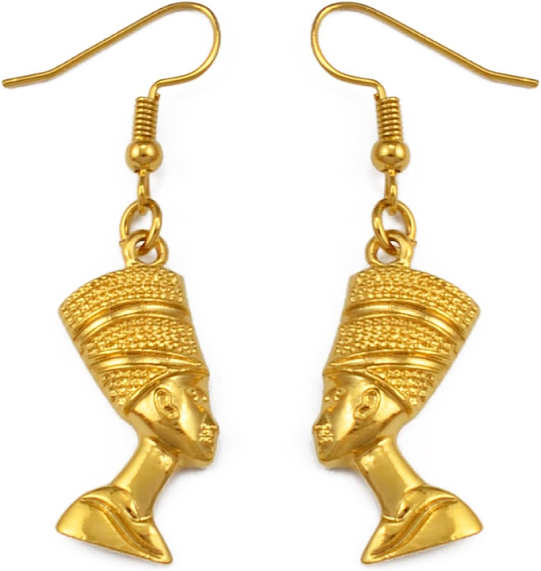 Egyptian Queen Ear Hoop Earrings - Ethnic Women Nefertiti Larger Earrings Vintage Pattern Unique Country Flag Hip Hop Piercing Drop for Ladies, Gold