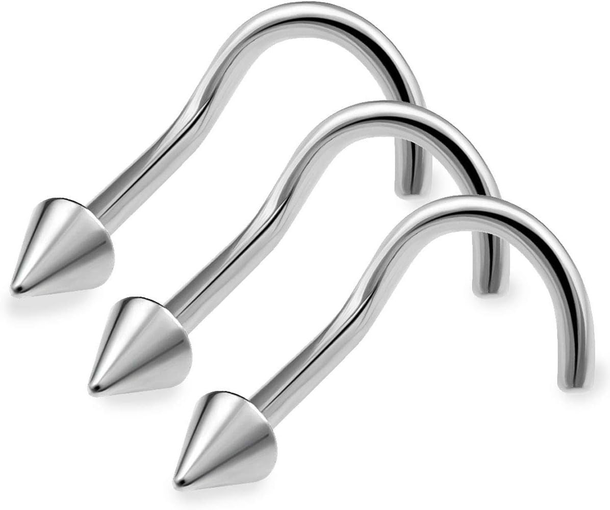 3pcs 20g 0.8mm Nose Screw Rings Nostril Stud Surgical Stainless Steel 2mm Cone Spike
