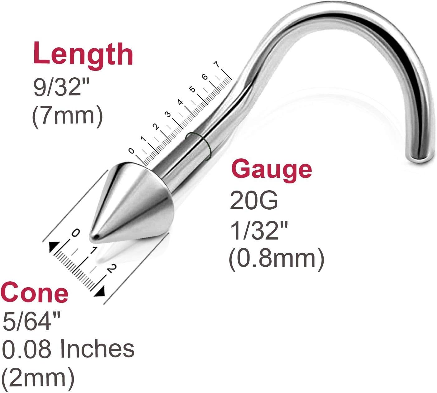 3pcs 20g 0.8mm Nose Screw Rings Nostril Stud Surgical Stainless Steel 2mm Cone Spike