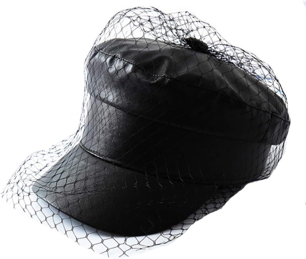 Spring Summer Octagol Cap Women Solid Black PU Lace Veil Newsboy Caps Fashion Beret Hats