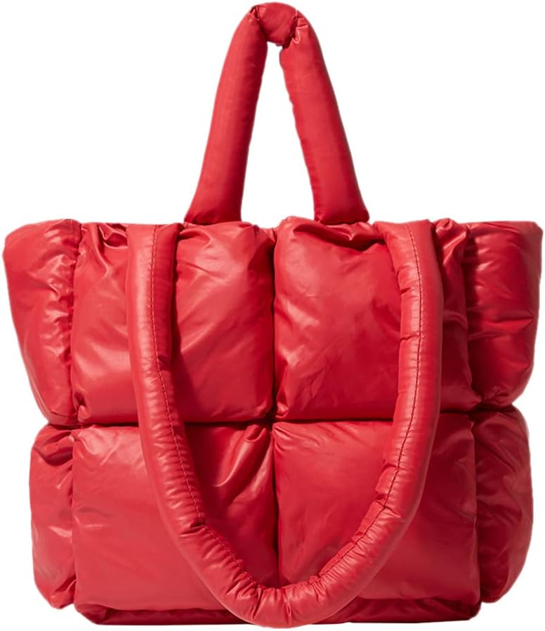 Large Quilted Tote Bag Lightweight, Checkered Shoulder Bag Casual Solid Color Underarm Bags Red