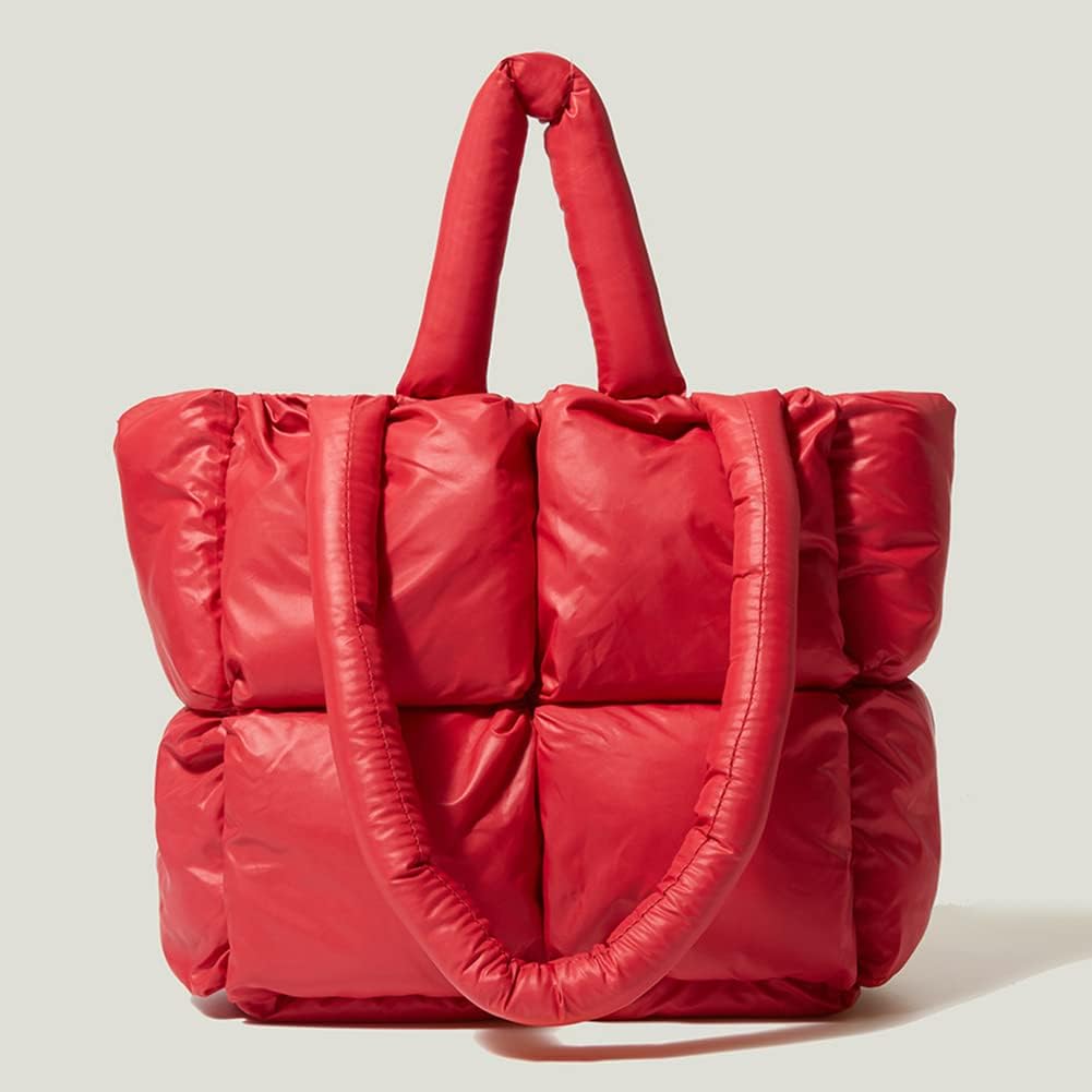 Large Quilted Tote Bag Lightweight, Checkered Shoulder Bag Casual Solid Color Underarm Bags Red