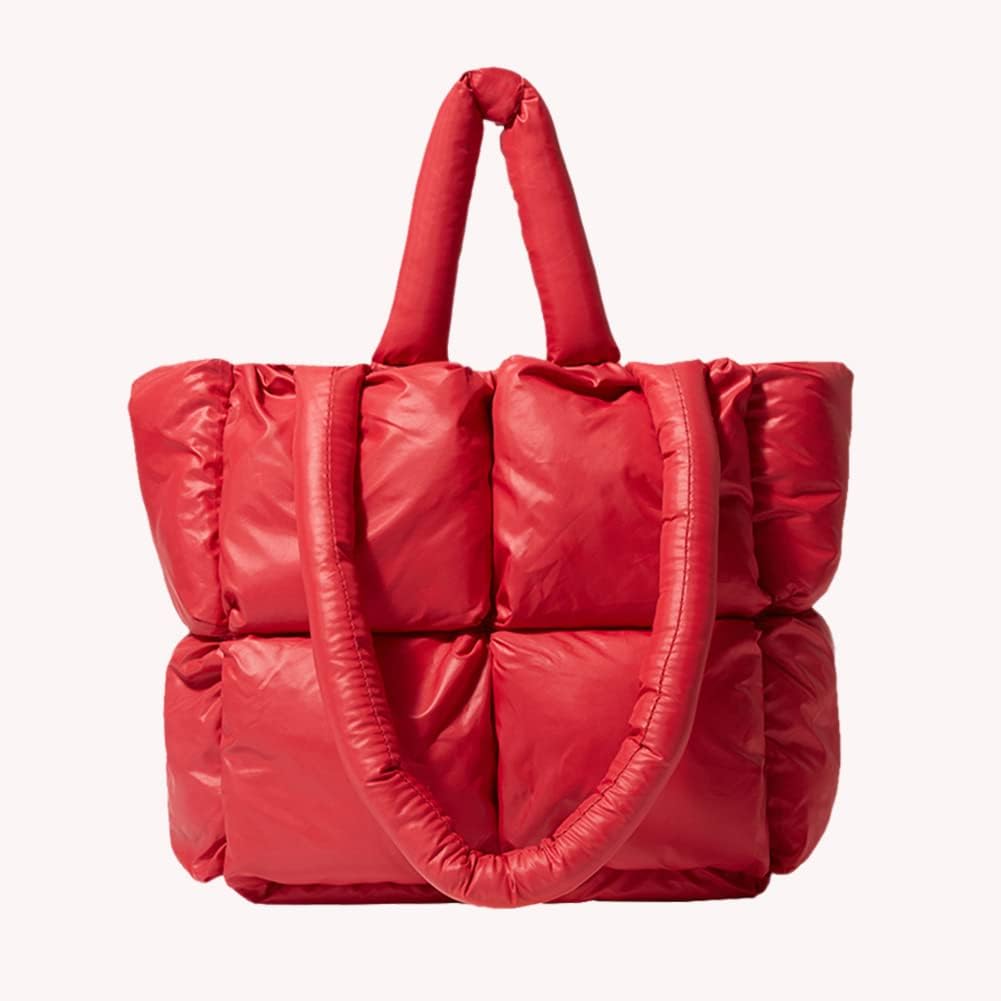 Large Quilted Tote Bag Lightweight, Checkered Shoulder Bag Casual Solid Color Underarm Bags Red