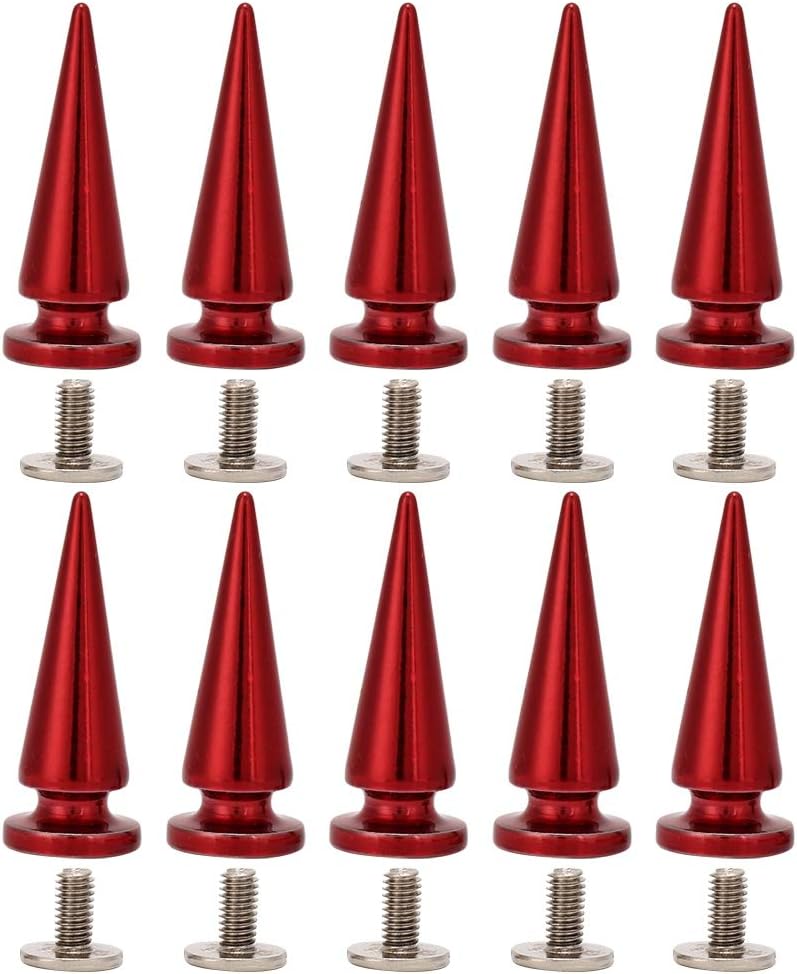10Pcs 10x26MM Large Size Cone Spikes Punk Rivets Stud Screw Tree Shape Back Spikes for DIY Leather Shoes Jacket Craft Garment Bag(Red)