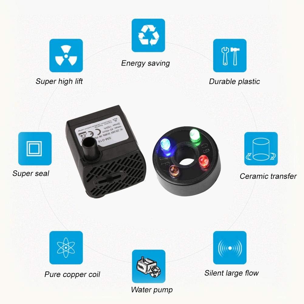 Water Fountain Pump, 2W Submersible Pump with 4 Colorful Lights for Rockery Fountain Pool Garden Pond Fish Aquarium Statuary(US Plug) Water Pumps