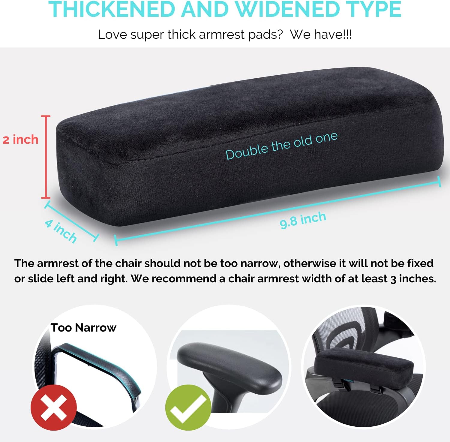 Extra Thick 2 inches Chair armrest Cushions Elbow Pillow Pressure Relief Office Chair Gaming Chair armrest with Memory Foam armrest Pads 2-Piece Set of Chair (Black)