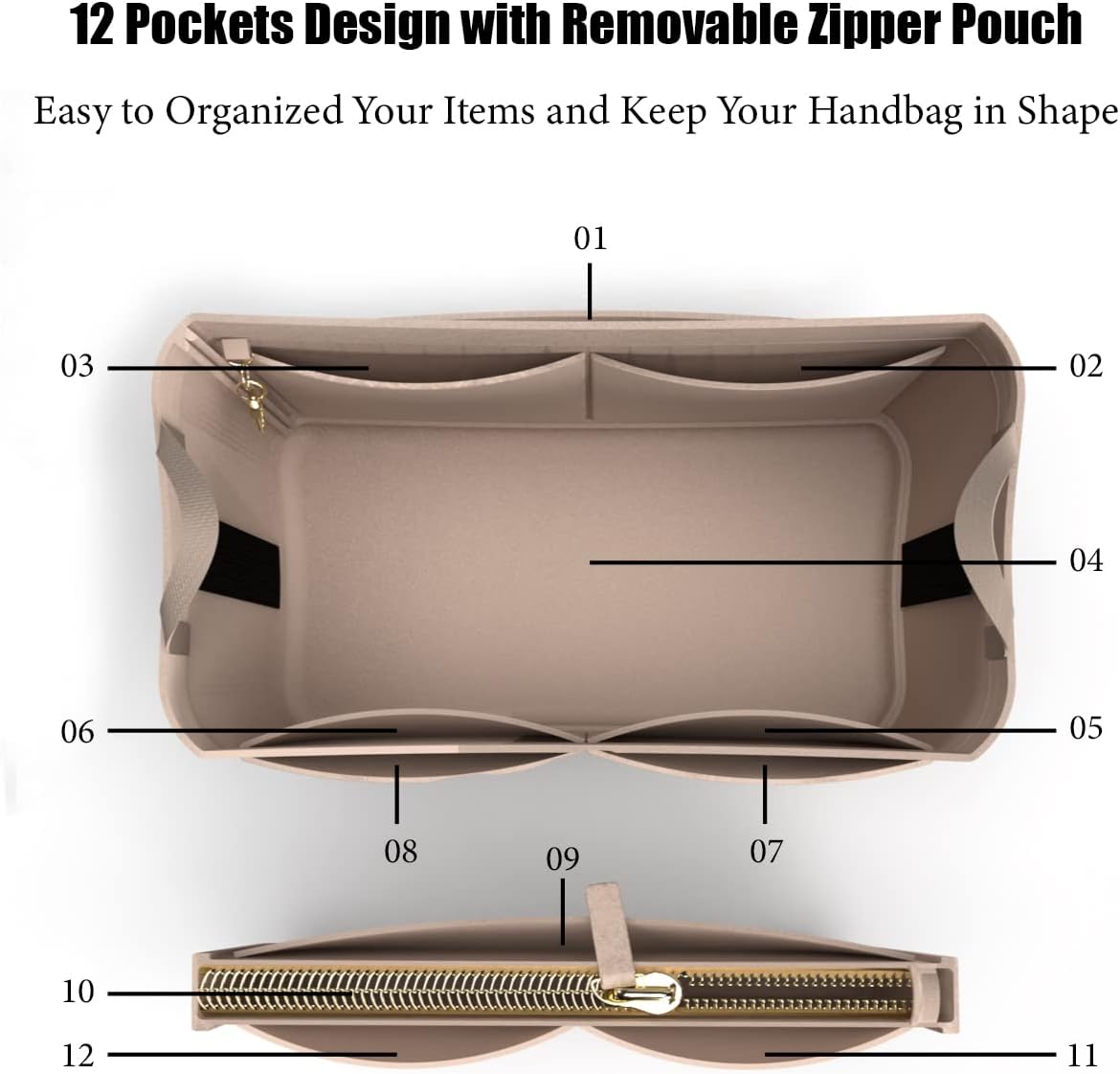 Purse Organizer Insert Handbag Tote Felt Organizer Bag in Bag Shaper Fit Neverfull Speedy Graceful MM GM Medium, BROWN