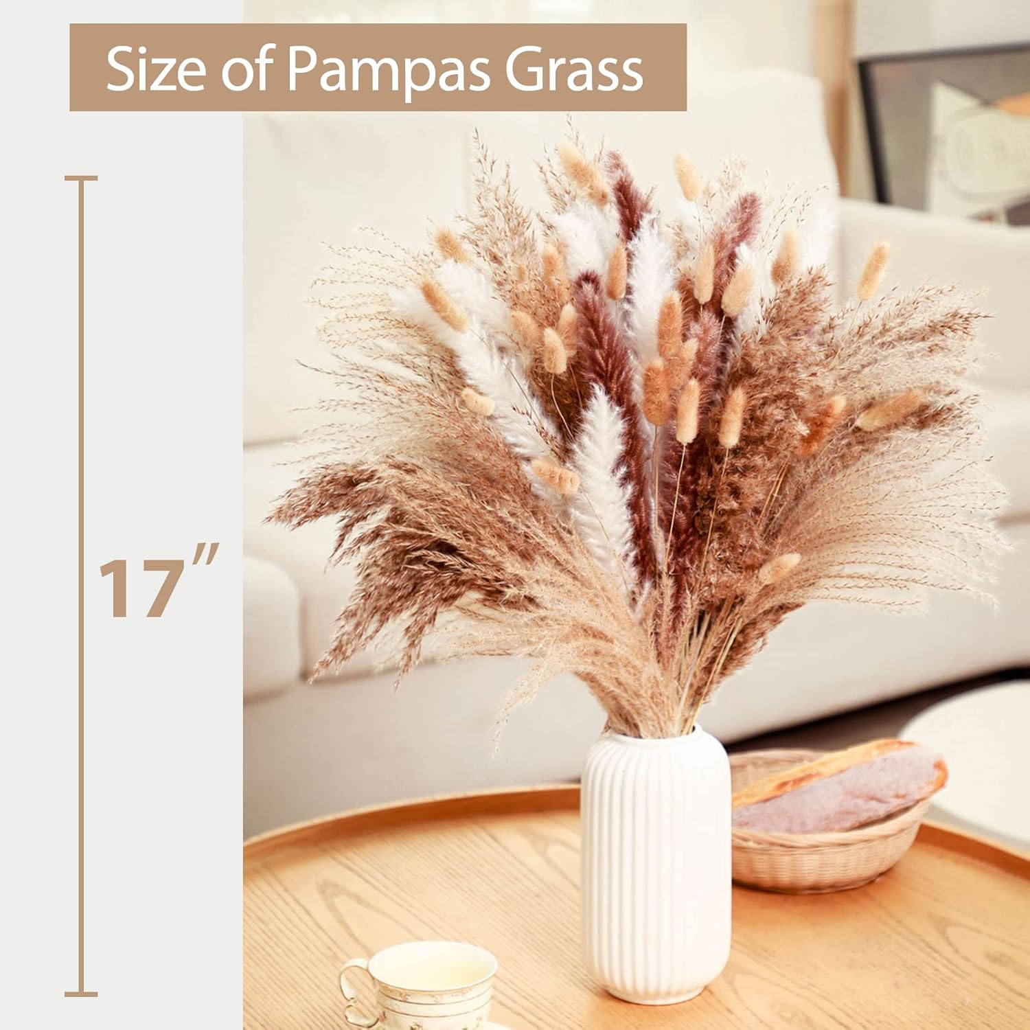 120 Pcs Dried Pampas Grass 17 Inch White Pompas Bouquet Fluffy Dry Pompous Bunny Tails Flower Small Pampass for Room Boho Home Farmhouse Decorations Wedding Pompass Flowers Arrangement Decor