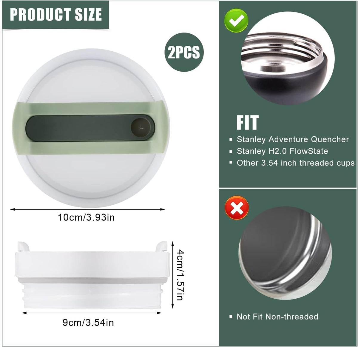 2pcs Green Tumbler Lids for Stanley Adventure Quencher & Quencher H2.0 40oz, No Leakage, Slide Closure, Plastic & Silicone, Dishwasher Safe