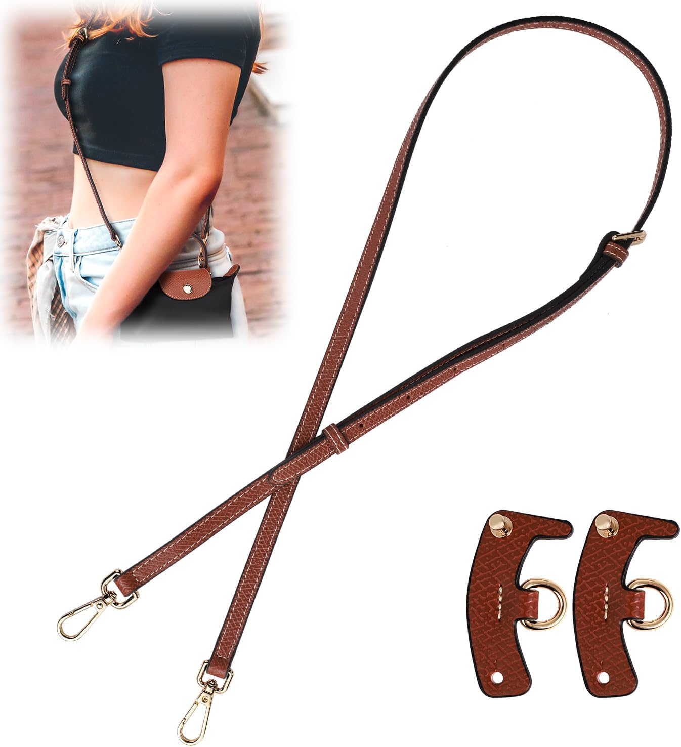 Leather Purse Straps Replacement, Genuine Leather Shoulder Strap with Punch-Free Adapter Adjustable Replacement Strap for Handbag Crossbody Bag Purse for Mini Le PLIAGE (Brown)