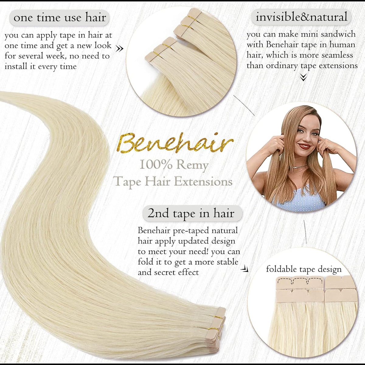 Tape in Hair Extensions Human Hair Platinum Blonde 18 Inch 20pcs 50g/pack Straight Hair Extensions Tape in Seamless Skin Weft Tape in Natural Hair for Women(#60 Platinum Blonde, 18")