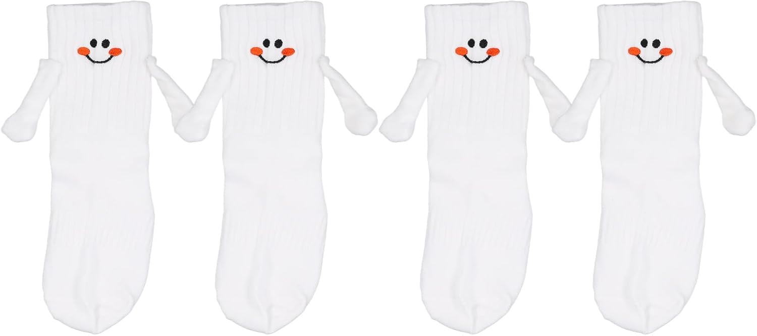 2 Pairs Hand Holding Socks for Kids, Funny Magnetic Mid-Tube Socks White Smile Face Matching Crazy Silly Slipper Socks Magnet Friendship Birthday Gift for Children Toddler (1-3T)