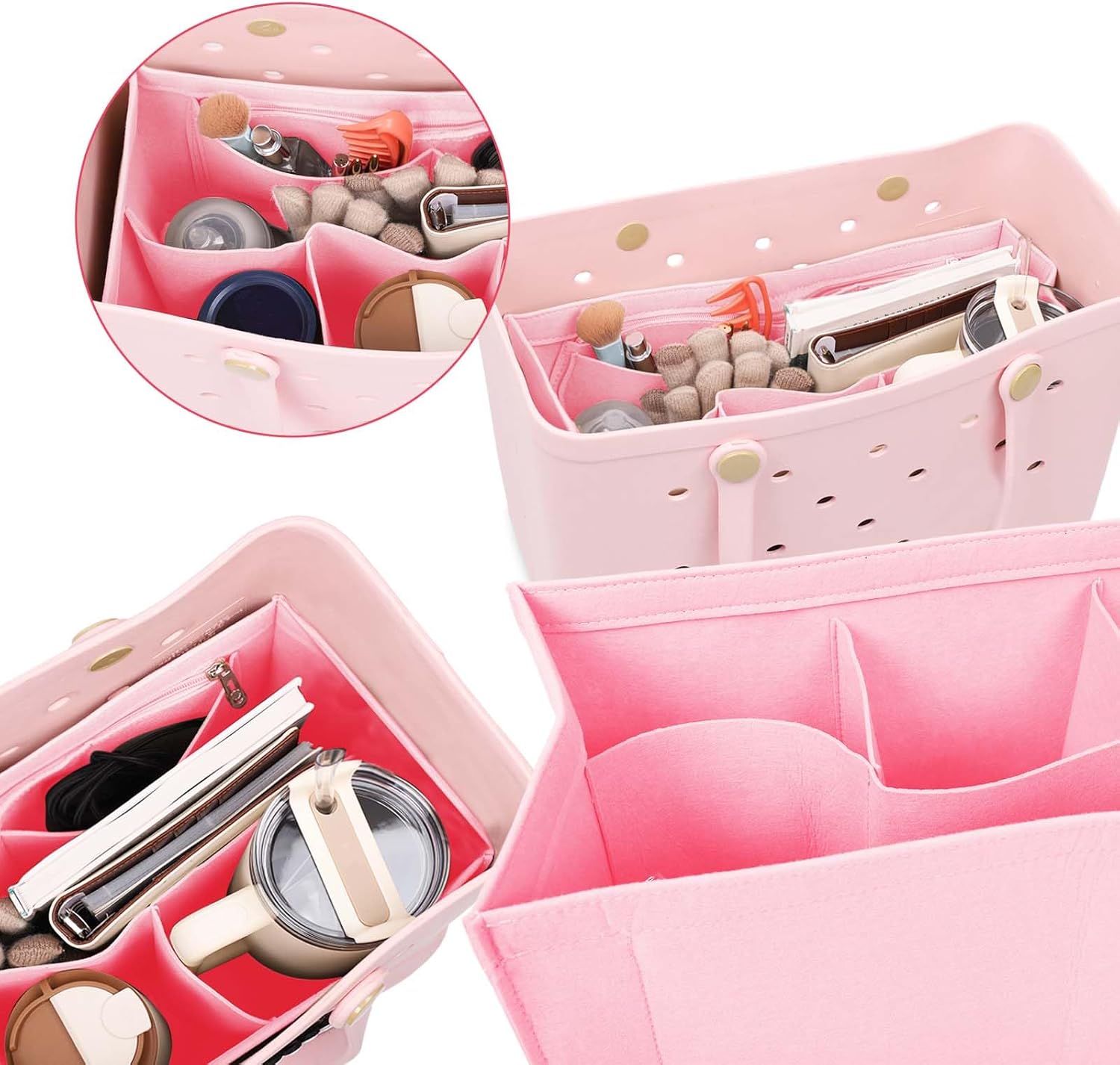 Rubber Beach Bag Organizer Compatible with Bogg Bag/Simply Southern Tote, Tote Organizer Insert Felt Bag Organizer Insert with 7 Pockets, Only for Bogg Bag XL Size (Pink)