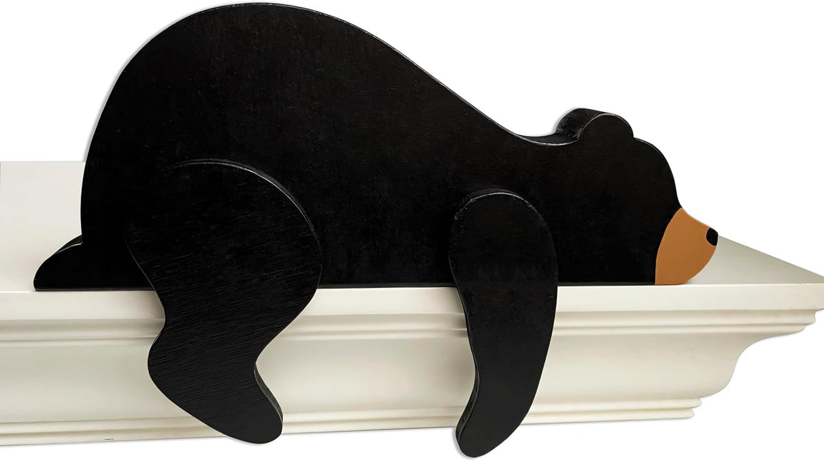 Woodland Nursery Decor For Baby, Black Bear Decoration, Wooden Wilderness Sleeping Bear, Safari Forest Decor For Classroom Bedroom Nursery Room Shelf (Black)