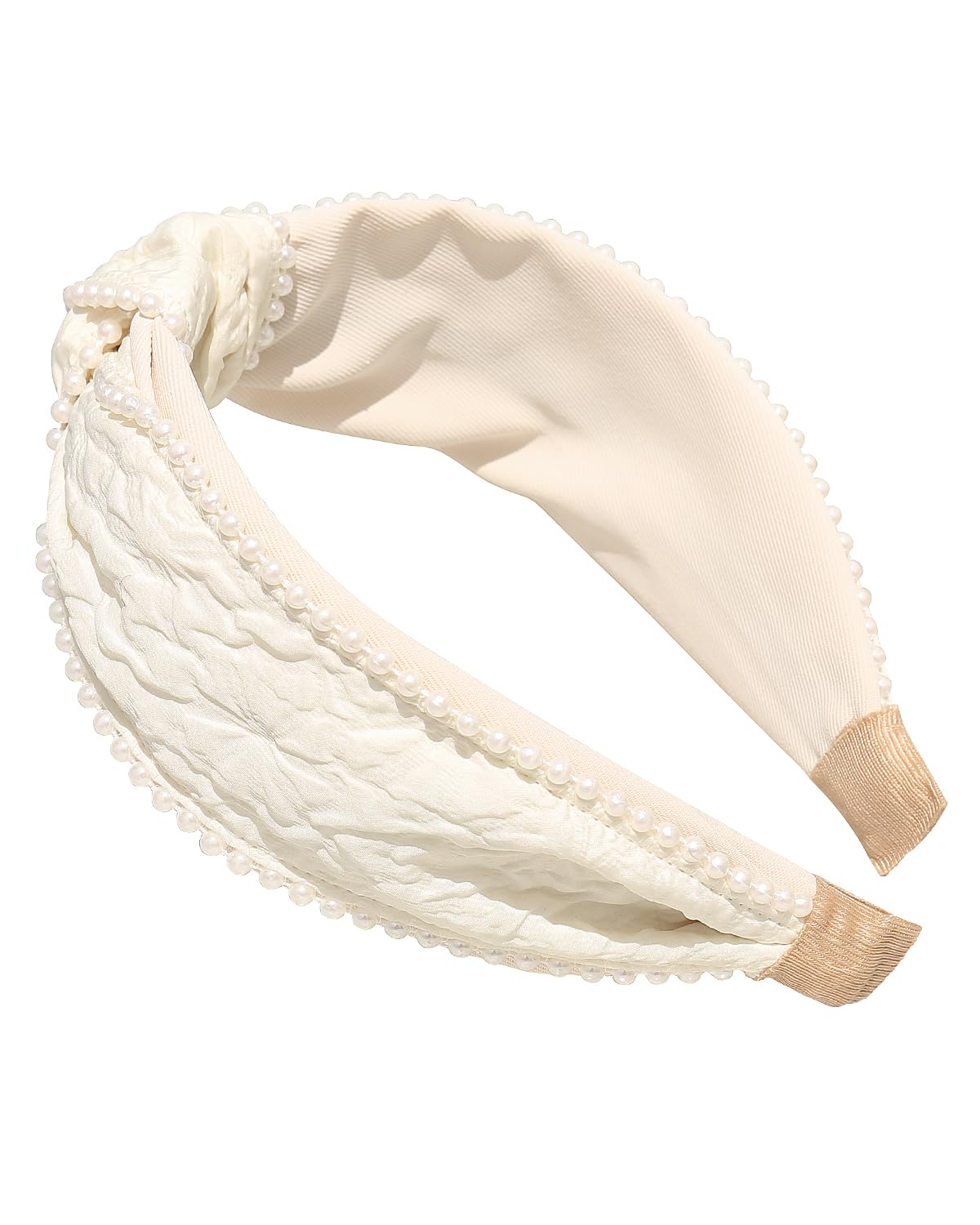 Women's Boho Knotted Wide Pearls Headbands for Women Non Slip, White Fabric Stretchy Cute Knot Headband, Girls Hair Accessories (Cream Knot)