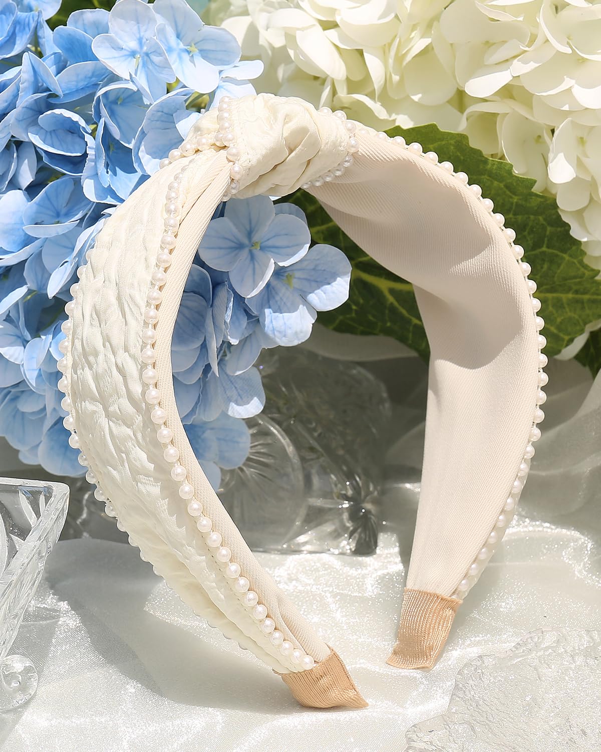 Women's Boho Knotted Wide Pearls Headbands for Women Non Slip, White Fabric Stretchy Cute Knot Headband, Girls Hair Accessories (Cream Knot)