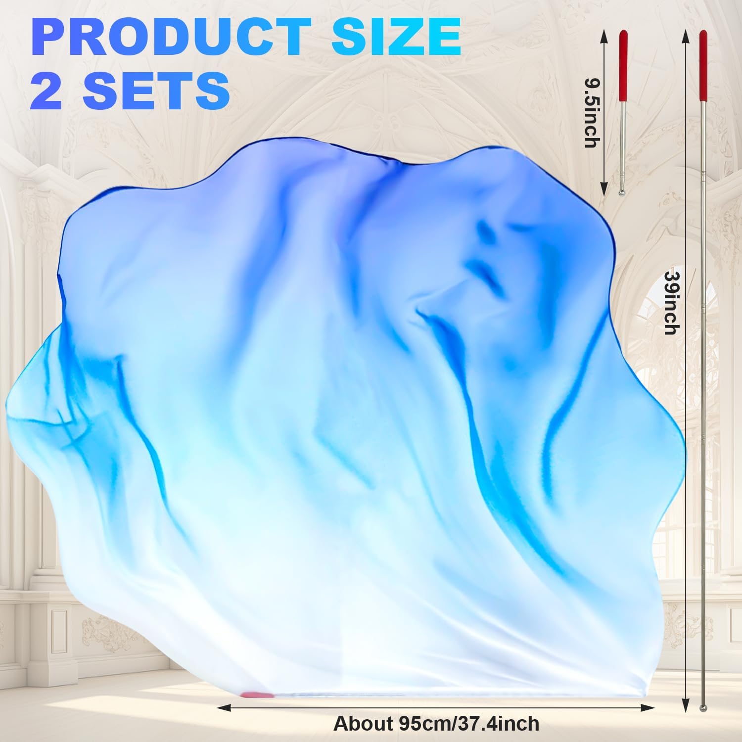 2 Set 55" Praise Dance Worship Flags, with Scalable Rod Semicircle Worship Angel Wing Flag, for Church Dance Performances (White Blue Blue)