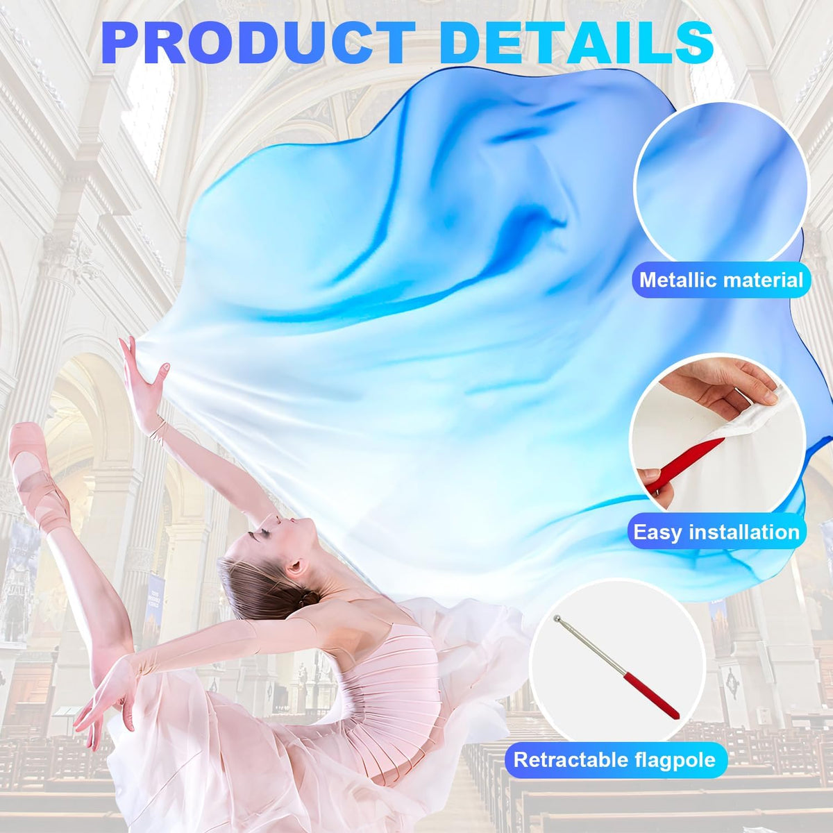 2 Set 55" Praise Dance Worship Flags, with Scalable Rod Semicircle Worship Angel Wing Flag, for Church Dance Performances (White Blue Blue)