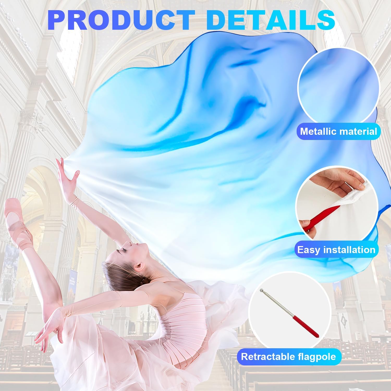 2 Set 55" Praise Dance Worship Flags, with Scalable Rod Semicircle Worship Angel Wing Flag, for Church Dance Performances (White Blue Blue)