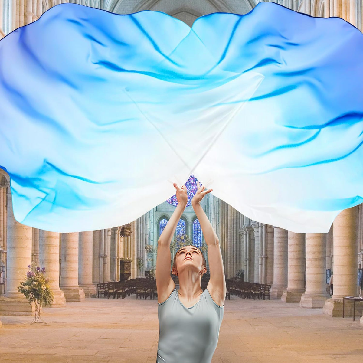 2 Set 55" Praise Dance Worship Flags, with Scalable Rod Semicircle Worship Angel Wing Flag, for Church Dance Performances (White Blue Blue)