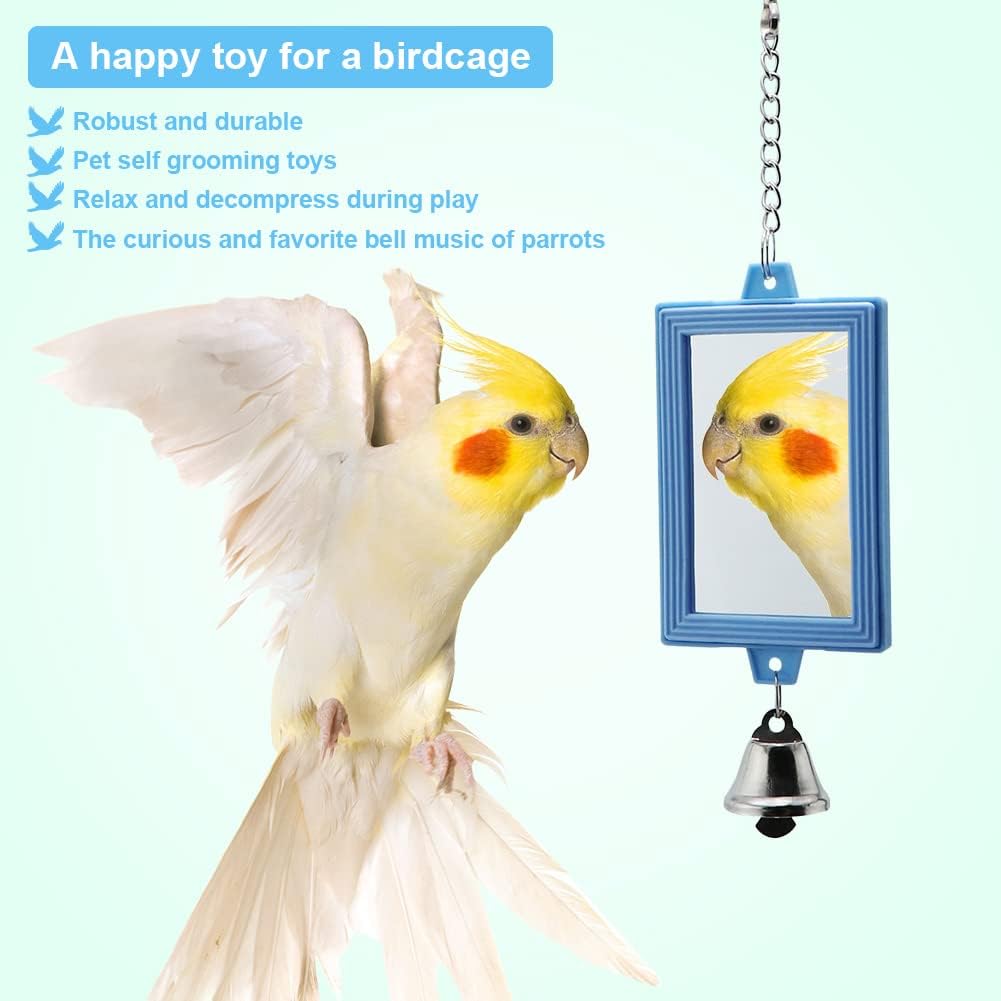 2-Piece Parrot Mirror Toy Hanging with Bells Pendant Bird Cage Accessories for Bird Parrot Budgie Parakeet Cockatiel Conure Lovebird Finch Canary Random Color （ 1pc Square +1pc Circle） …